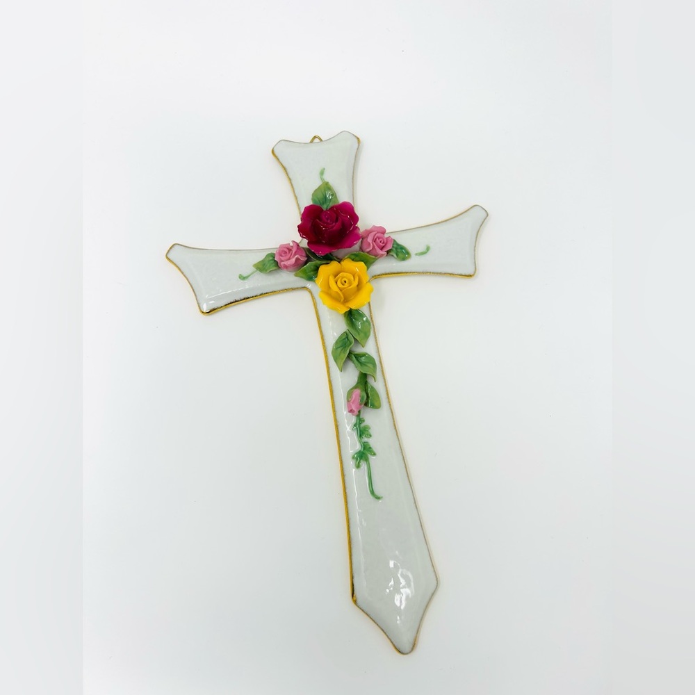 Old Country Roses Floral Ceramic Cross Wall Decor Gold Trim